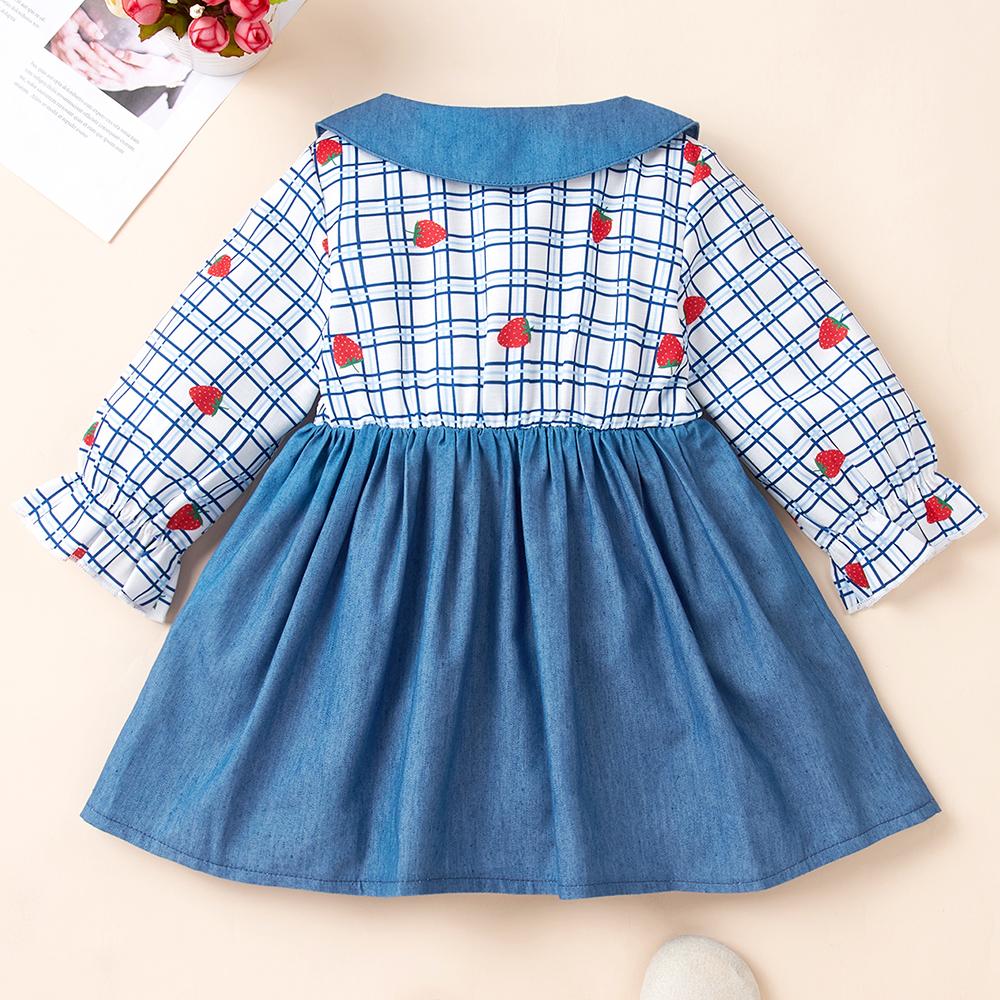 Baby Girls Button Plaid Strawberry Long Sleeve Dress Wholesale Baby Clothes