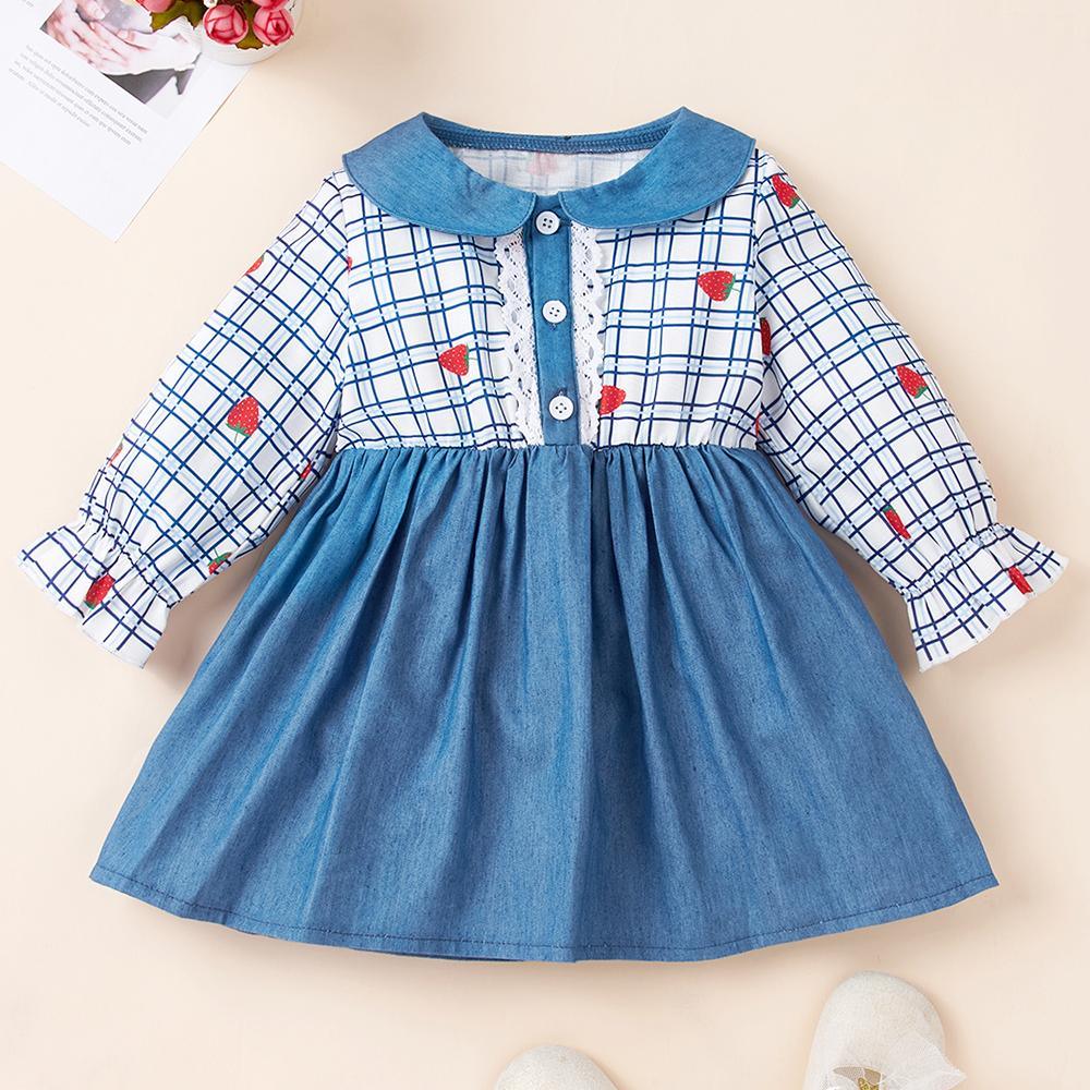 Baby Girls Button Plaid Strawberry Long Sleeve Dress Wholesale Baby Clothes