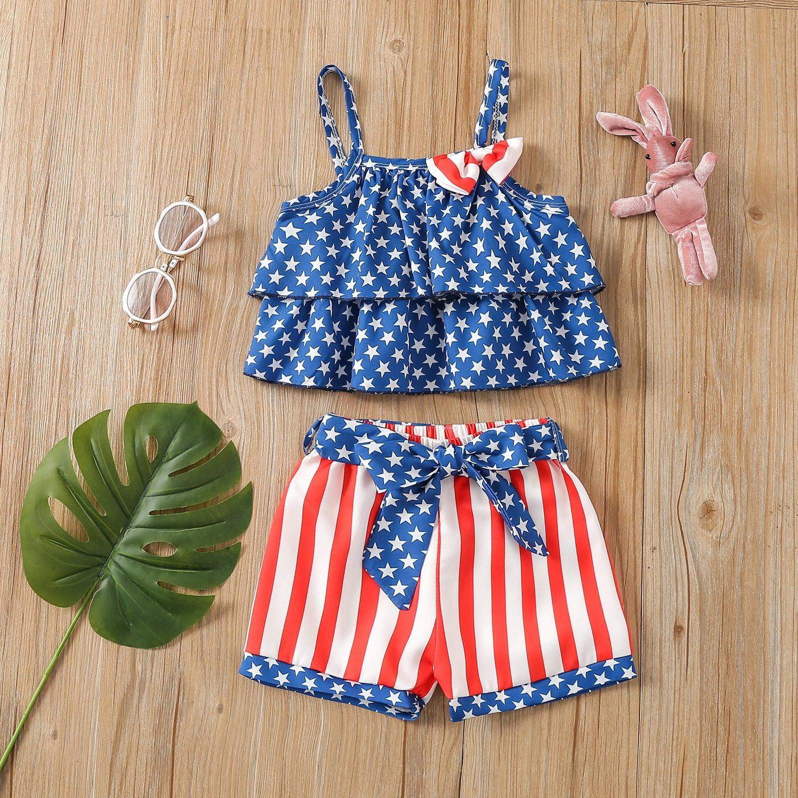 9months-4years Baby Toddler Girl Sets Summer Independence Day Star Striped Shorts Suit Wholesale