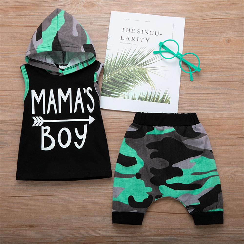 Baby Boys Camo Printed Mamas Boy Sleeveless Hooded Top & Pants Wholesale Baby Clothes In Bulk