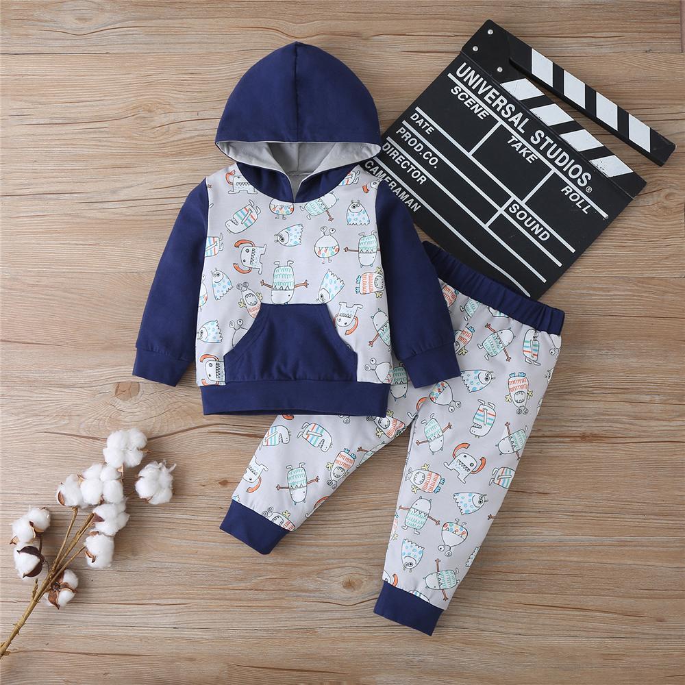 Baby Boys Cartoon Printed Hooded Long Sleeve Top & Pants Boys Casual Suits