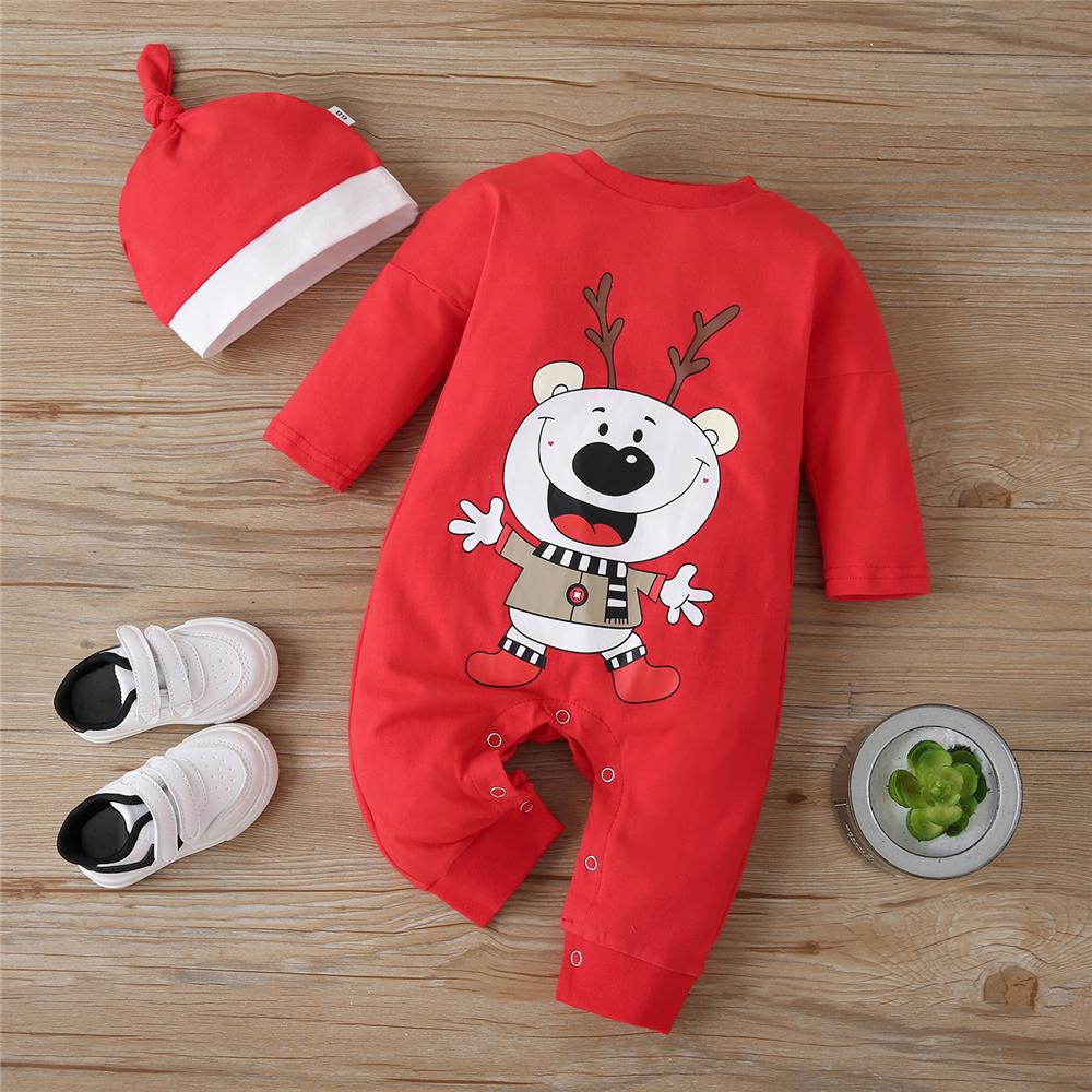 Baby Boys Cartoon Printed Long Sleeve Romper & Hat Babywear Wholesale