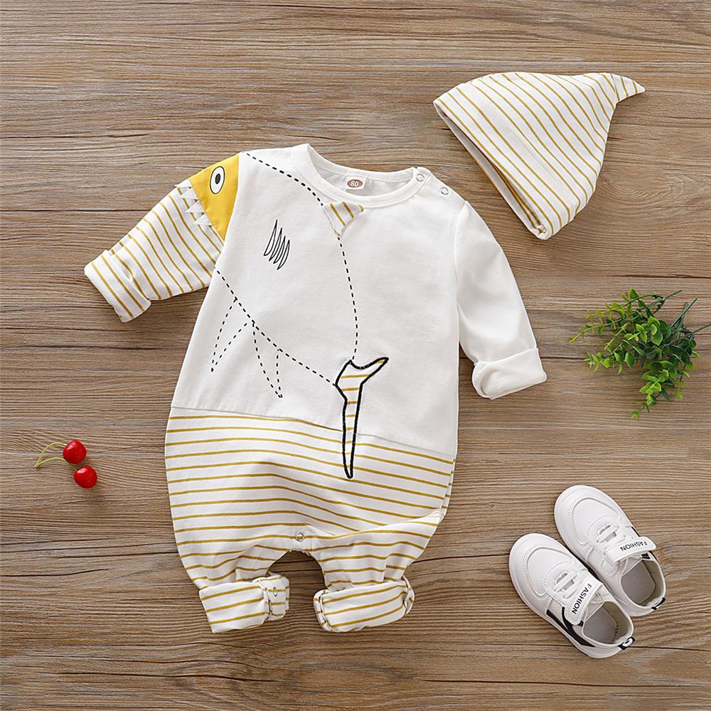 Baby Boys Cartoon Shark Striped Romper & Hat Baby Romper Wholesale