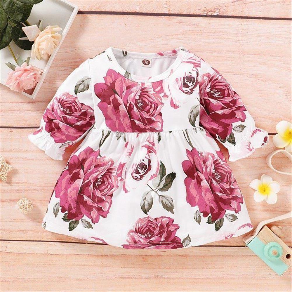 Baby Casual Floral Printed Crew Neck Dress