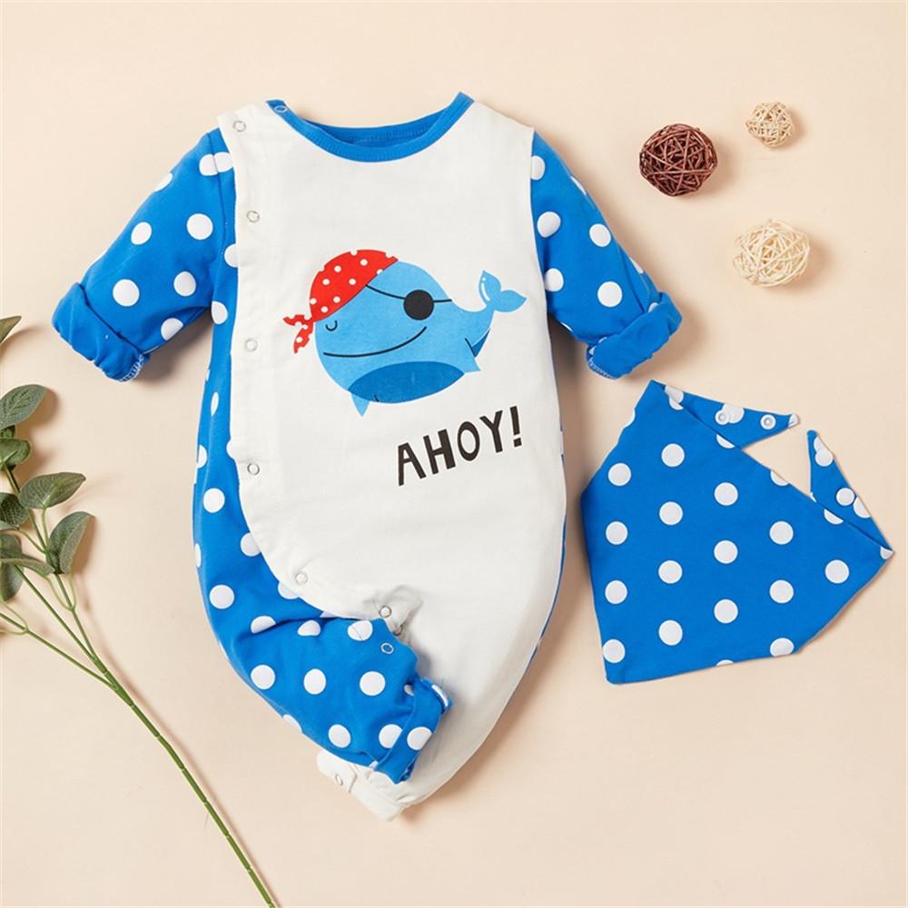 Baby Boys Cool Whale Cartoon Polka Dot Rompers &  Bibs