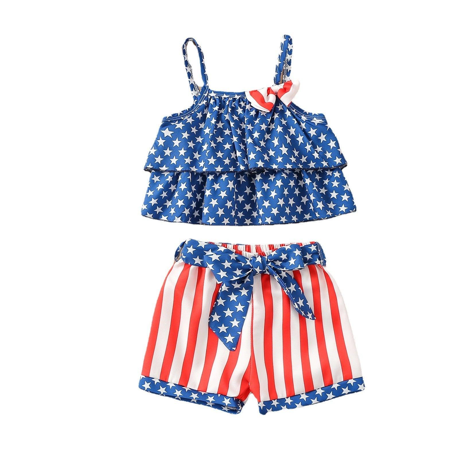 9months-4years Baby Toddler Girl Sets Summer Independence Day Star Striped Shorts Suit Wholesale