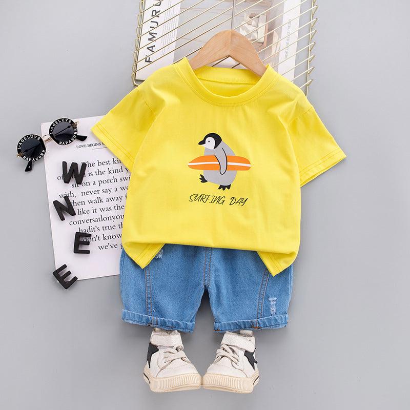 Baby Boy Penguin Print T-Shirt And Denim Shorts Baby Boy Shorts Set