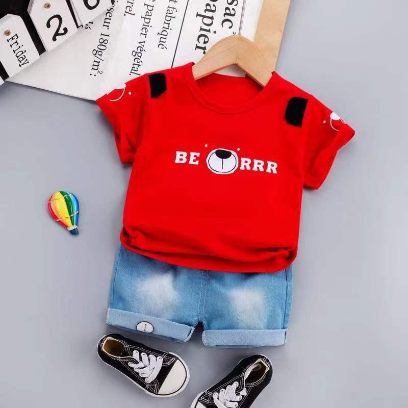 Baby Boy Bear Graphic T-Shirt And Denim Shorts Baby Boy Tracksuit Set