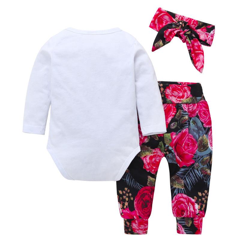 Baby Girl Monogram Print Bodysuit And Trousers With Headband Baby Girl Outfit Sets KS125932