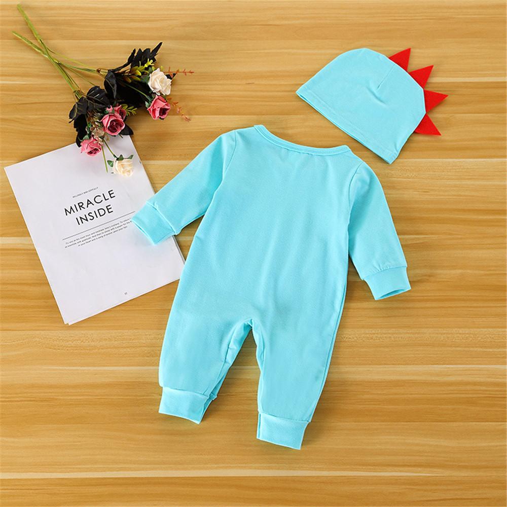 Baby Dino Cartoon Long Sleeve Romper & Hat