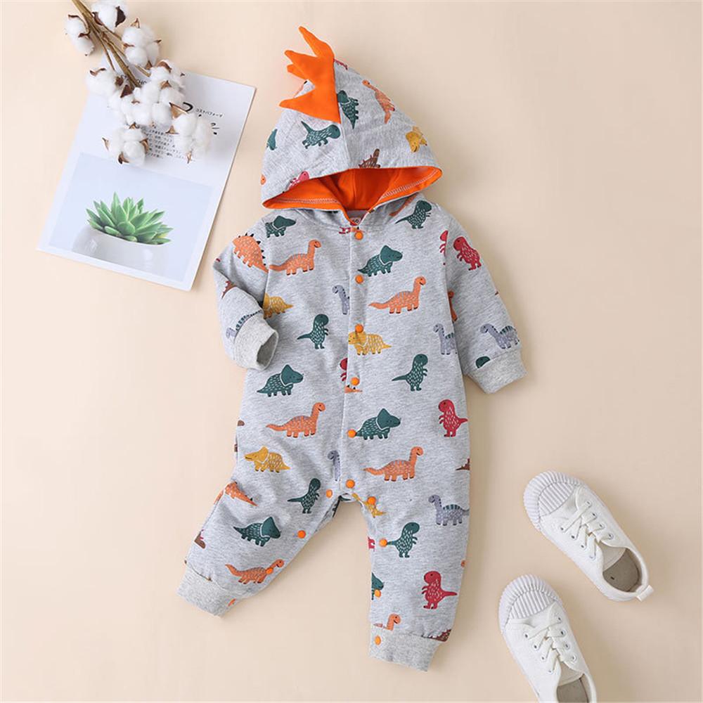 Baby Dinosaur Printed Hooded Long Sleeve Rompers