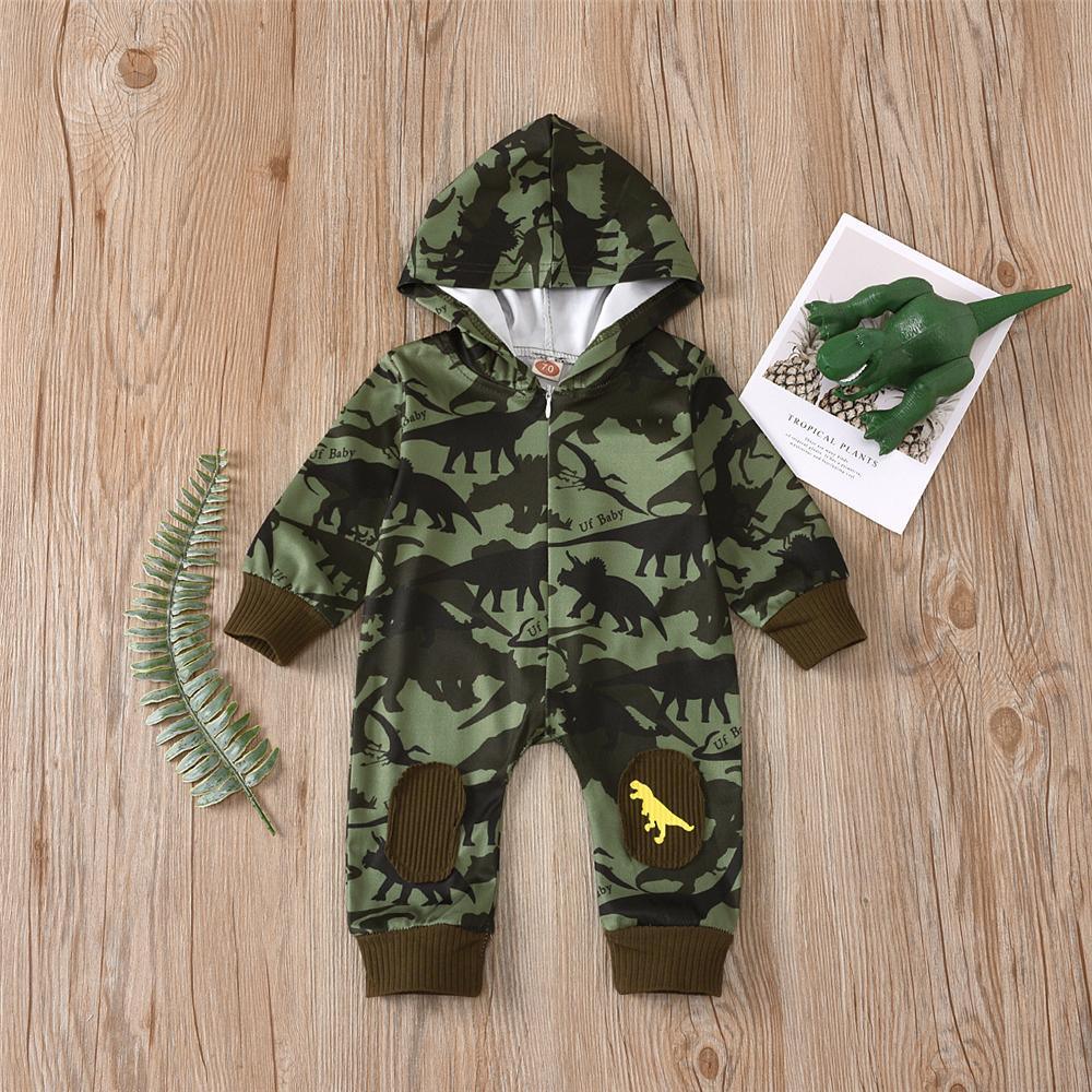 Baby Boys Dinosaur Printed Hooded Romper Baby Clothing Cheap Wholesale