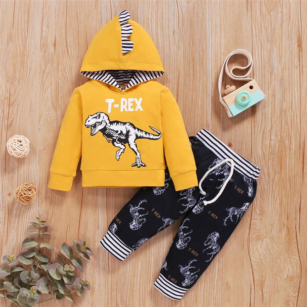 Baby Boys Dinosaur T-Rex Striped Hooded Long Sleeve Top & Pants Baby Clothes Cheap Wholesale