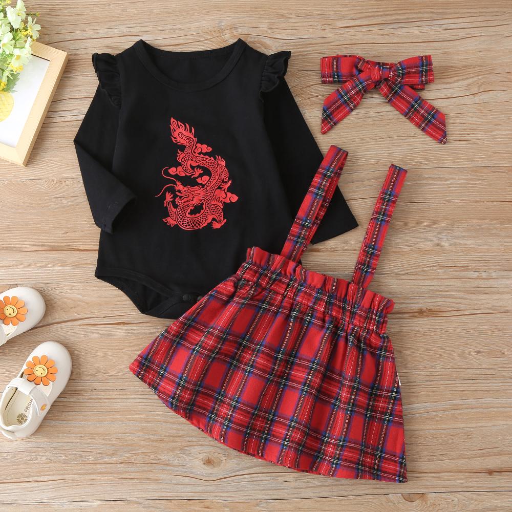 Baby Girls Dragon Long Sleeve Romper & Plaid Suspender Skirt Wholesale