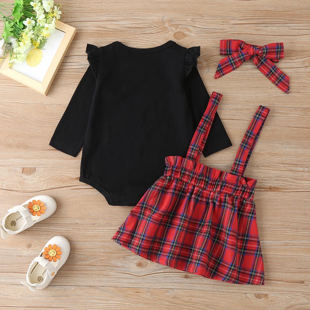 Baby Girls Dragon Long Sleeve Romper & Plaid Suspender Skirt Wholesale