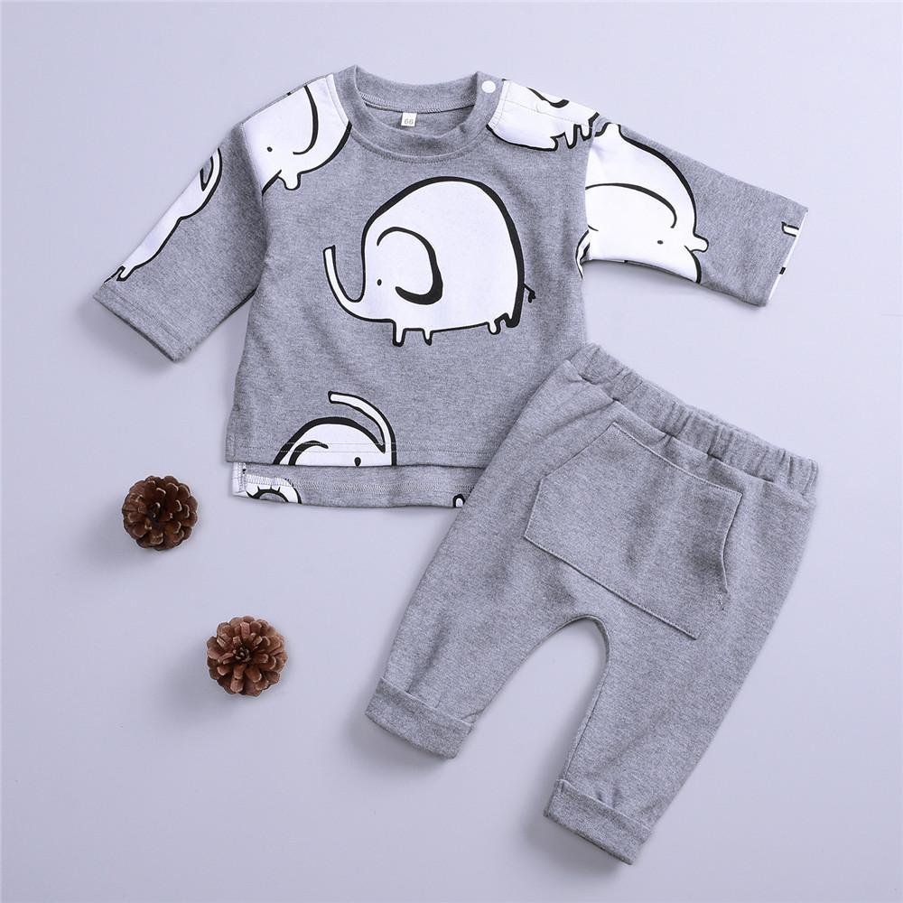 Baby Boys Elephant Cartoon Solid Tops & Pants