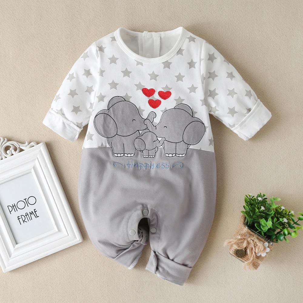 Baby Boys Elephant Cartoon Star Printed Long Sleeve Romper