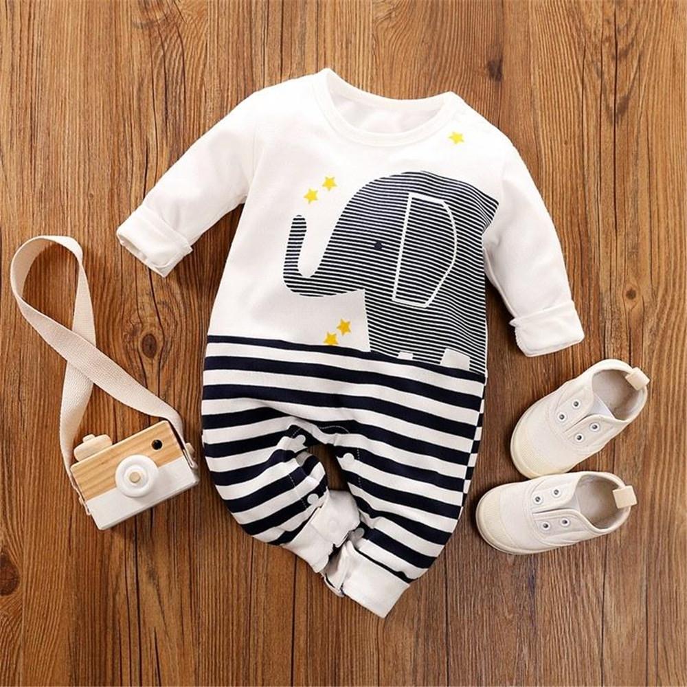 Baby Elephant Cartoon Striped Long Sleeve Rompers