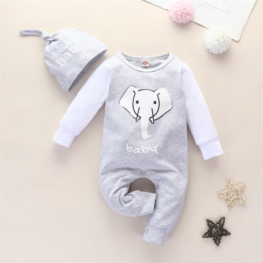 Baby Boys Elephant Long Sleeve Romper & Hat Wholesale Baby Rompers