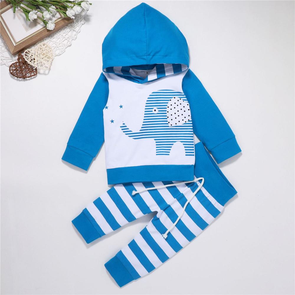 Baby Boys Elephant Striped Hooded Top & Bottoms Baby Wholesale Clothes