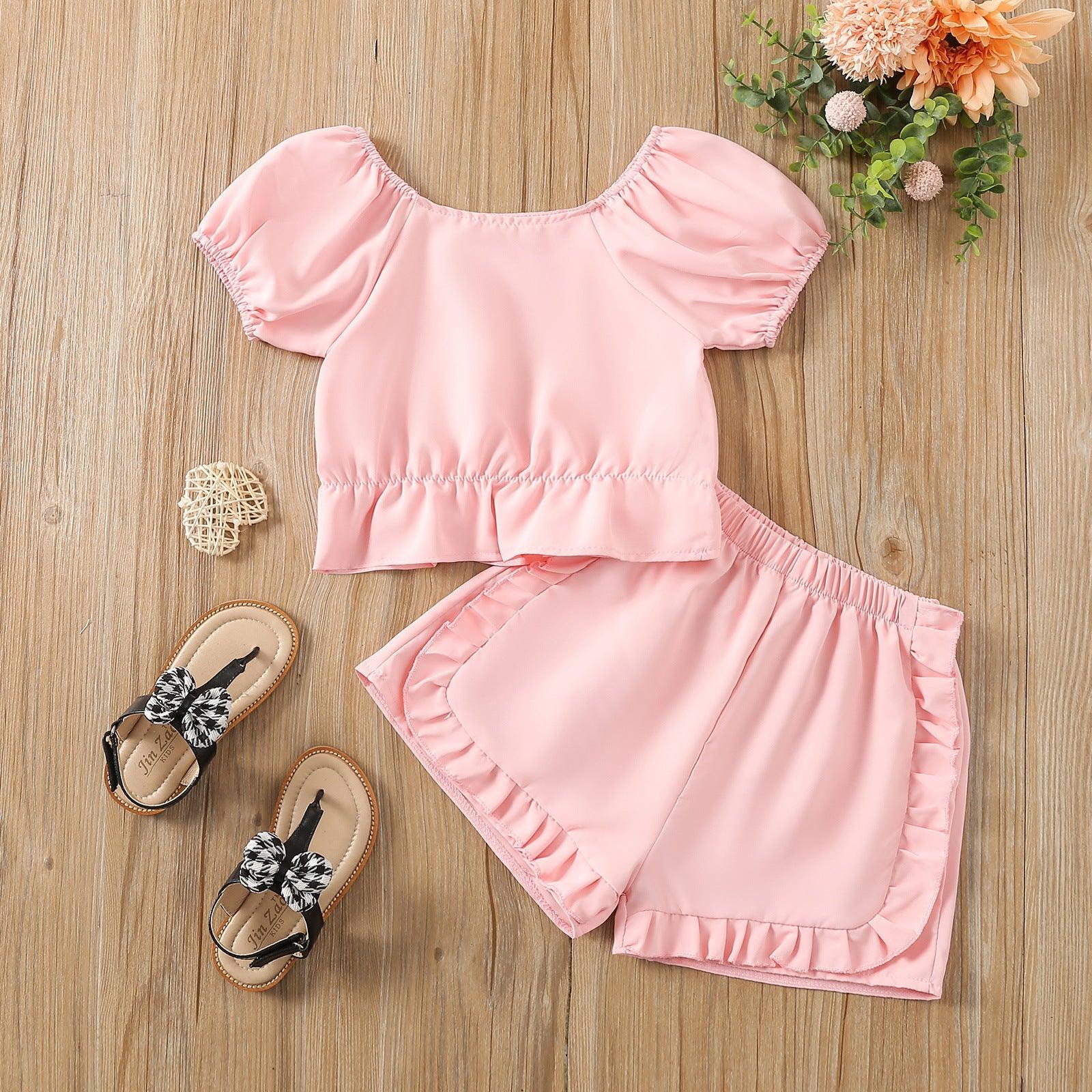 9M-4Y Round Neck Short Sleeve Fungus Edge Top Shorts Solid Color Suit Wholesale Baby Clothes