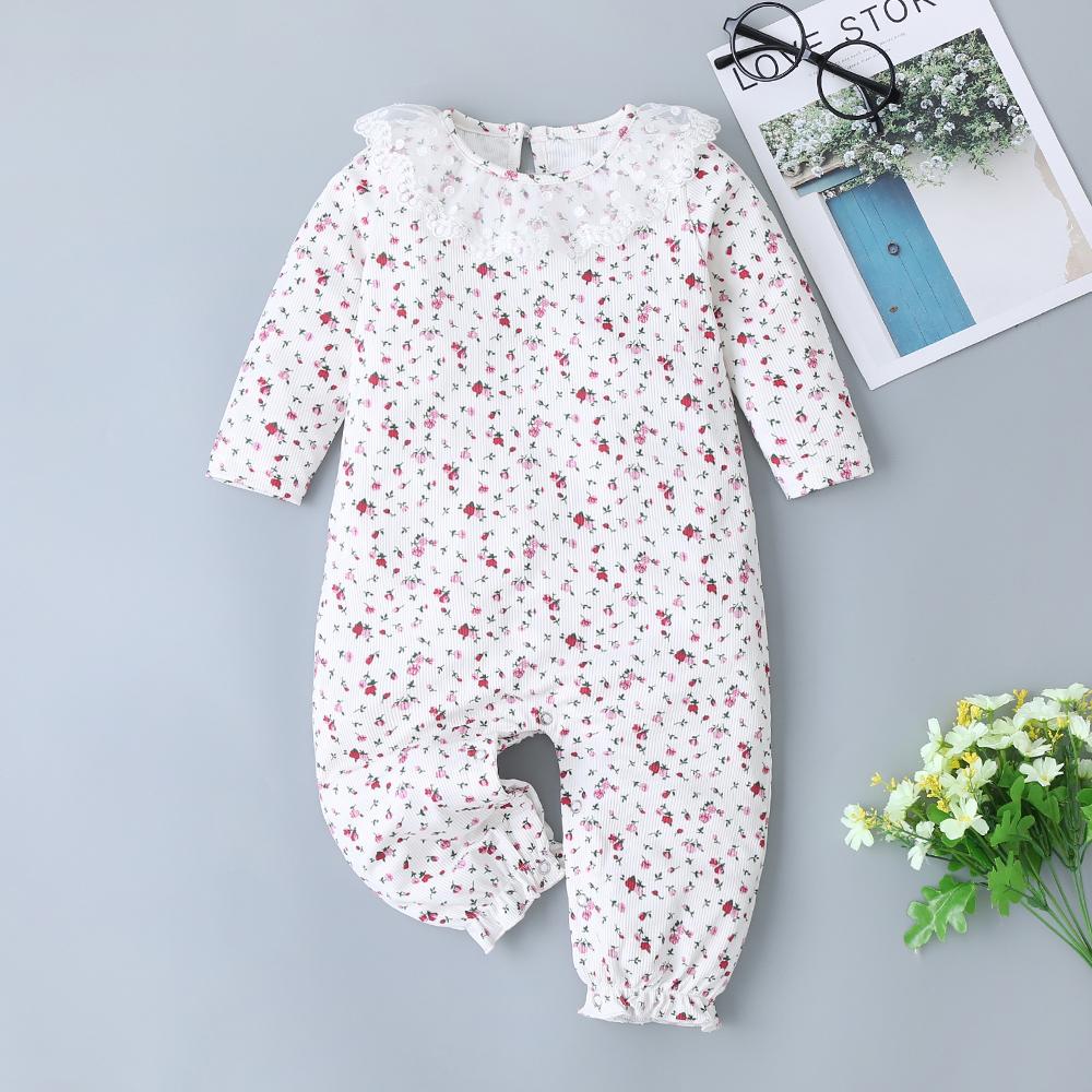 Baby Girls Floral Printed Lace Collar Rompers