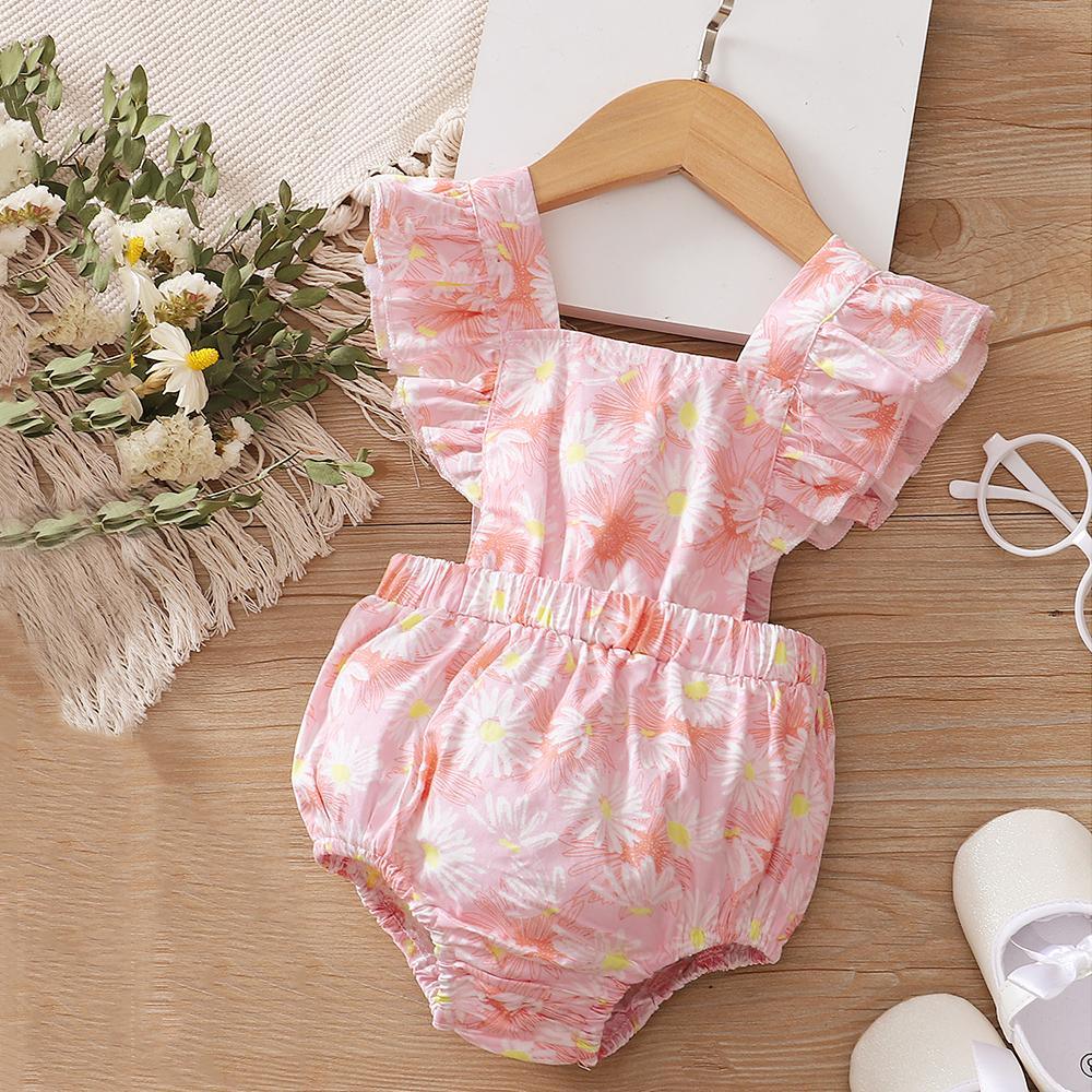 Baby Girls Flying Sleeve Floral Printed Pink Romper bulk buy baby vests