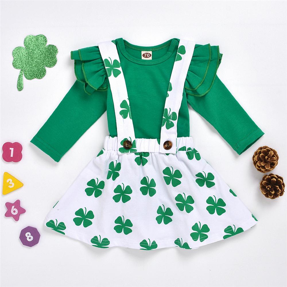 Baby Girls Green Long Sleeve Solid Romper & Leave Printed Suspender Skirt Buy Wholesale Baby Clothes