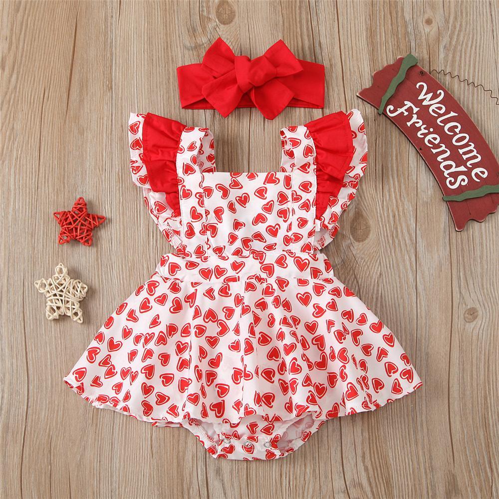 Baby Girls Heart Printed Ruffled Sleeve Romper Dress & Headband Wholesale Baby clothing