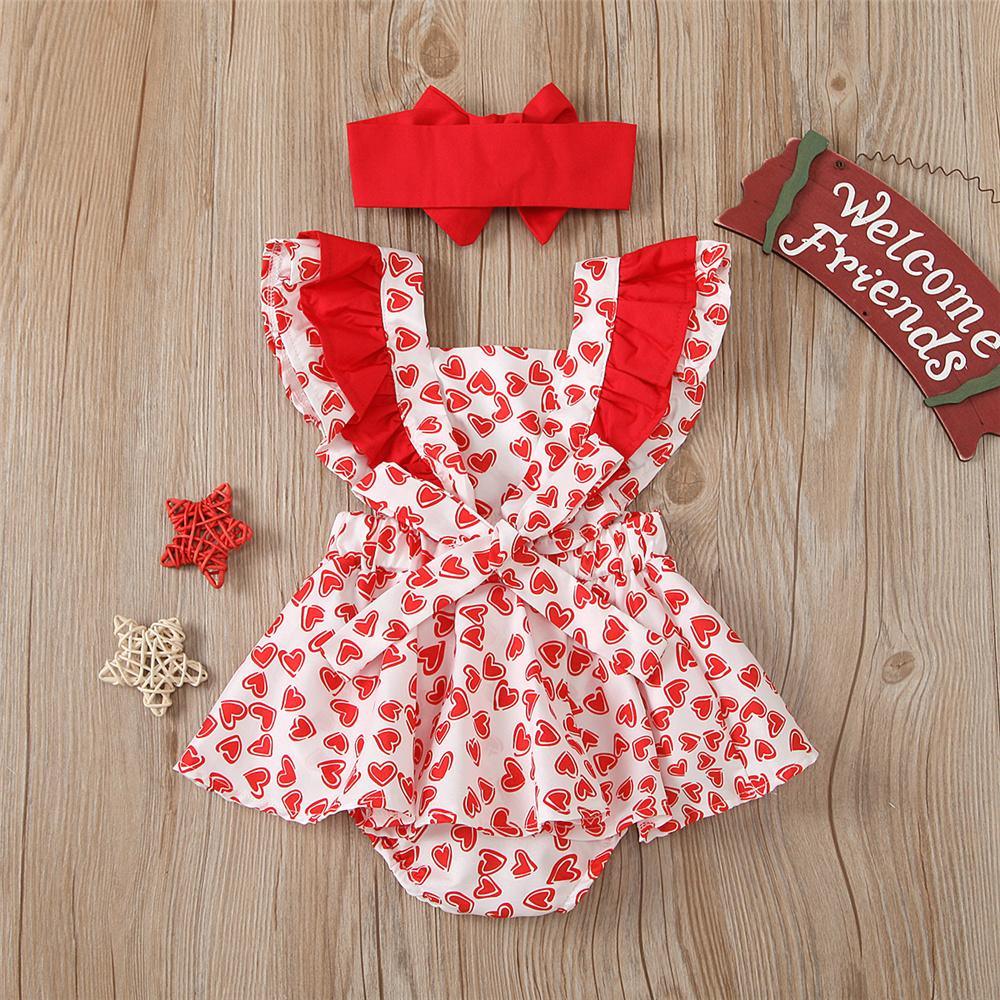 Baby Girls Heart Printed Ruffled Sleeve Romper Dress & Headband Wholesale Baby clothing