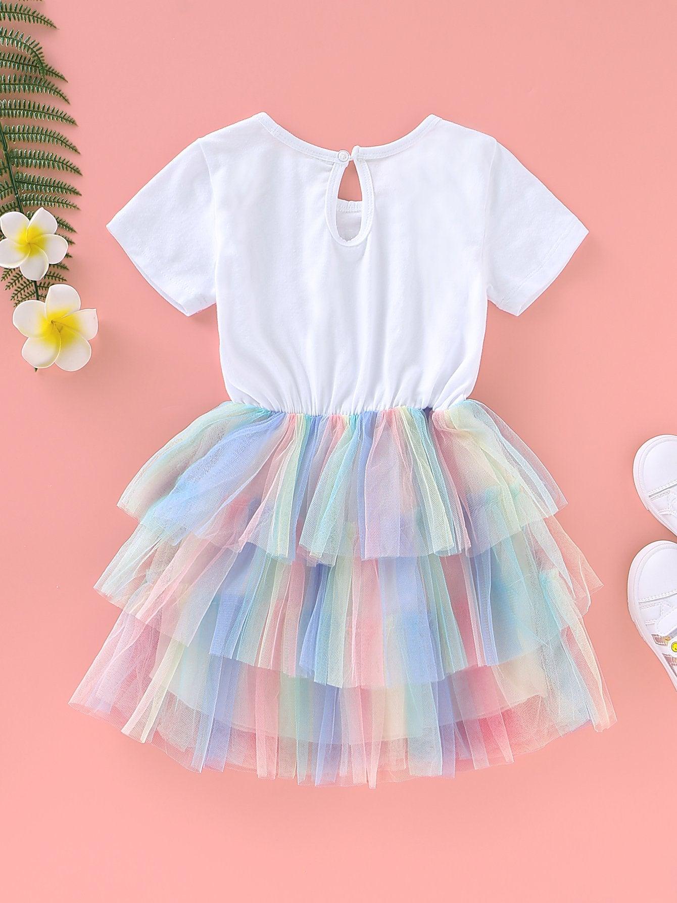 Baby Girl's Short Sleeve Unicorn Rainbow Princess Mesh Dress