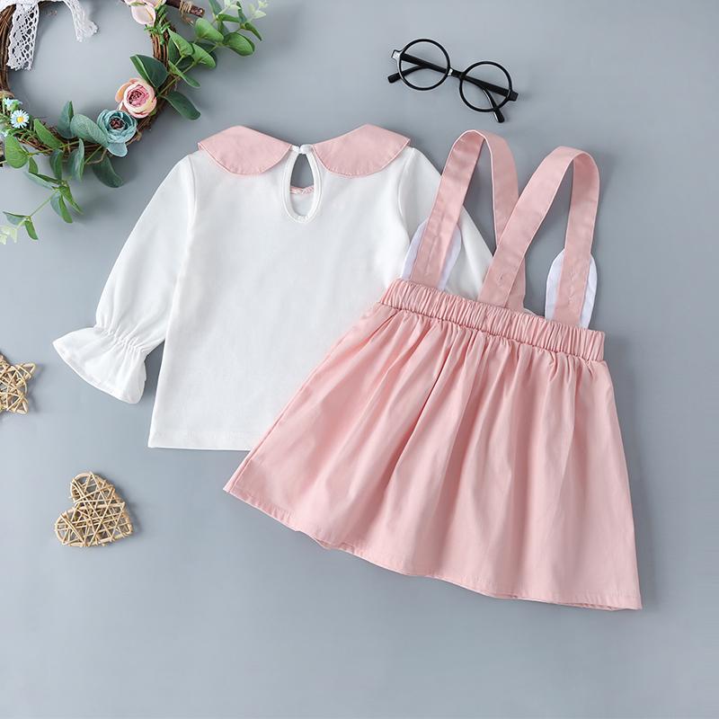 Baby Girls Cute Lapel Cat Print Tops & Suspender Skirt