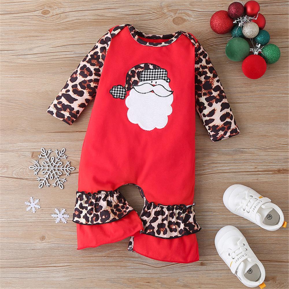 Baby Girl Leopard Santa Claus Long Sleeve Romper Baby Clothing In Bulk