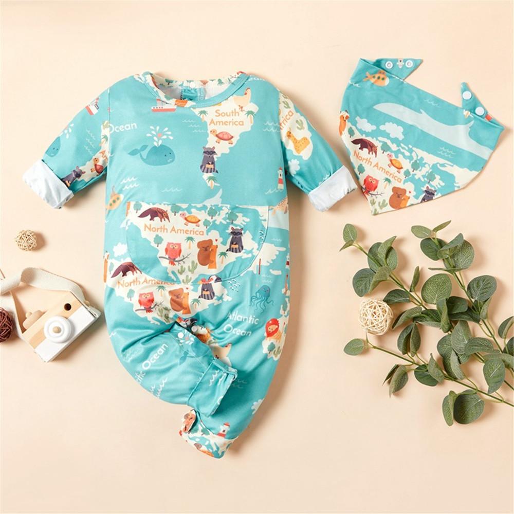 Baby Boys Letter Animal Printed Long Sleeve Romper & Bibs