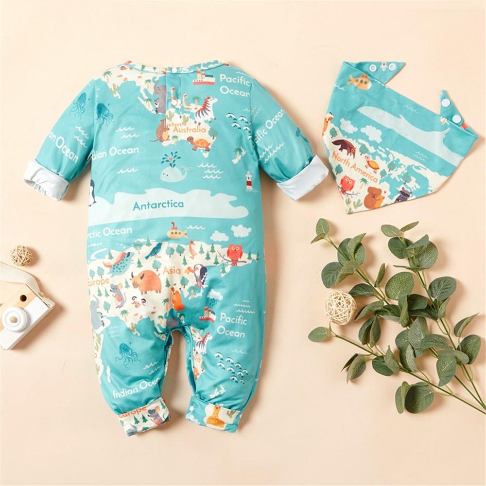 Baby Boys Letter Animal Printed Long Sleeve Romper & Bibs