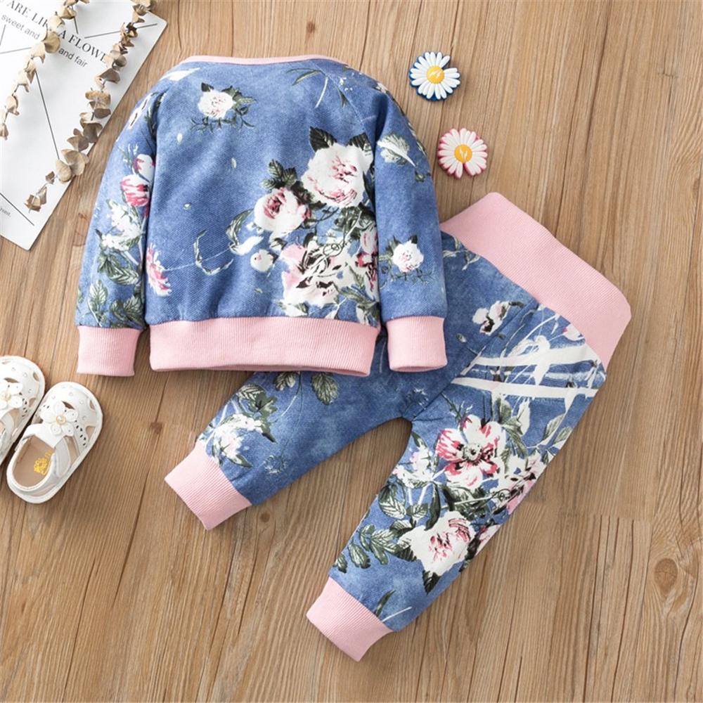 Baby Girl Letter Plant Printed Long-Sleeve Top & Pants Baby Wholesale Clothing