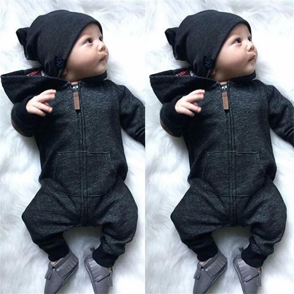 Baby Boys Long Sleeve Hooded Solid Rompers