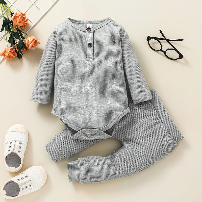 Baby Boys Girls Solid Color Knitted Striped Pullover Long Sleeve Set