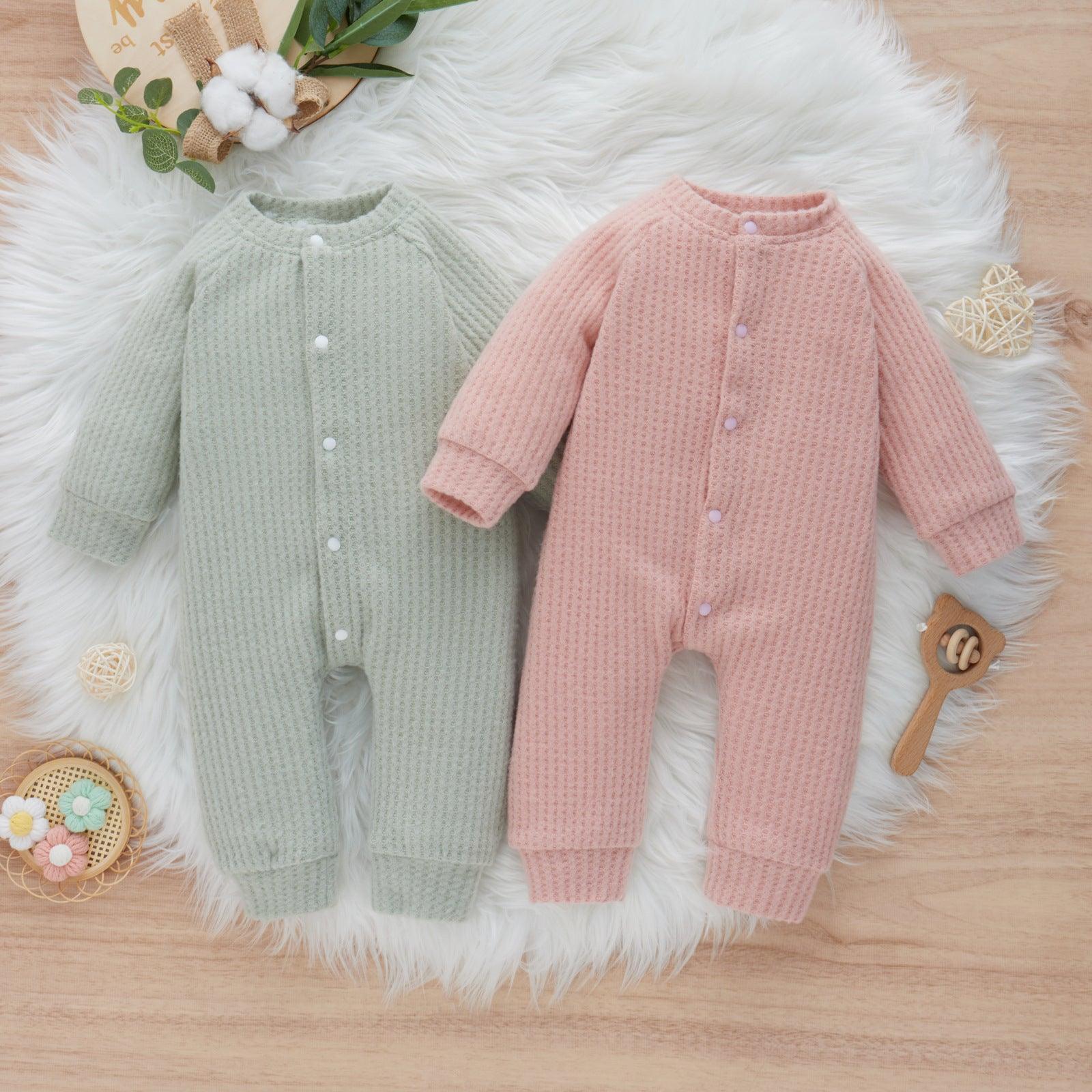 Baby Boys Girls Solid Color Waffle Fleece Warm Long-sleeved Jumpsuit