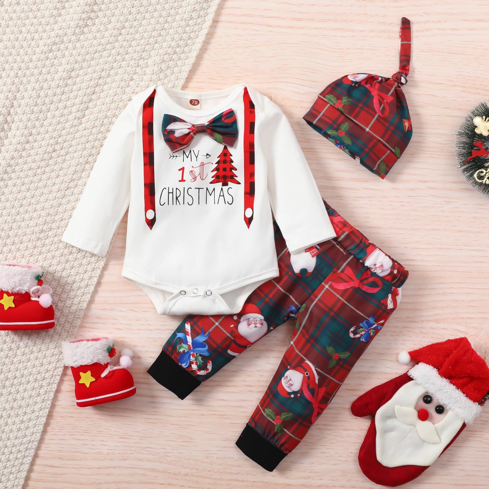 Baby Boys Long Sleeve Plaid Printed Bow Tie Jumpsuit Trousers Christmas Suit