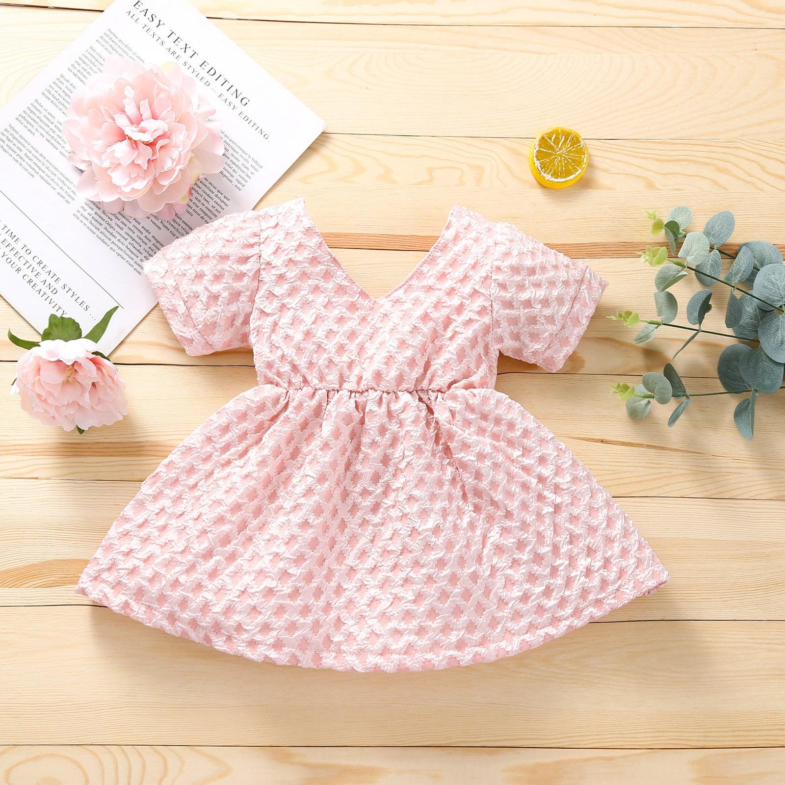 6months-4years Baby Girl Party Dresses V-Neck Solid Color Mesh Bow Short Sleeves Wholesale Baby Clothes In Bulk