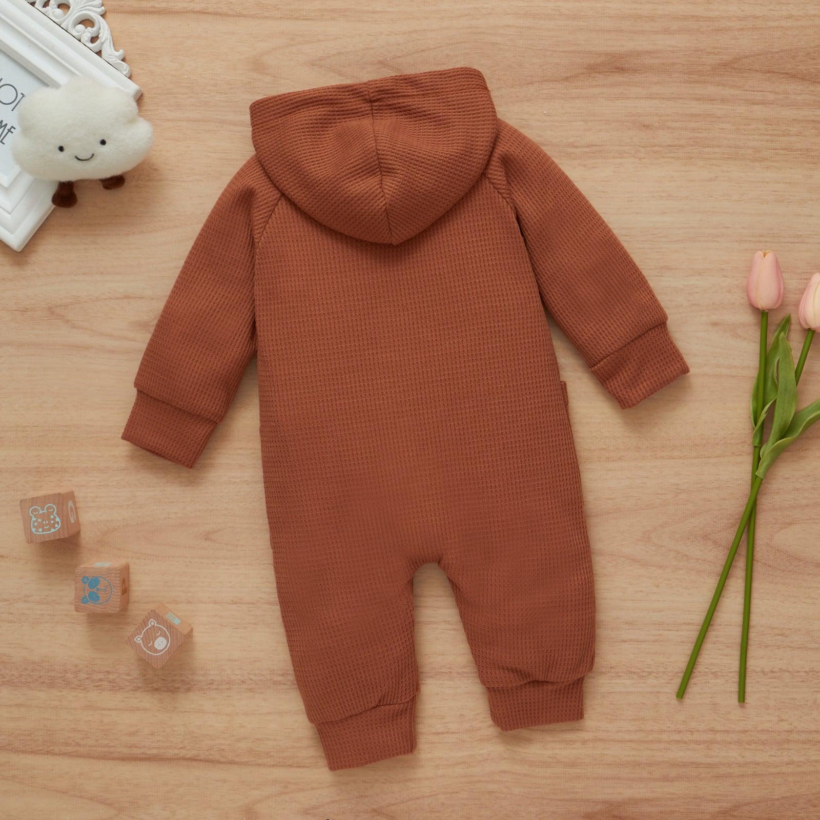 Baby Boys Girls Solid Color Long Sleeve Wool Waffle Hooded Jumpsuit