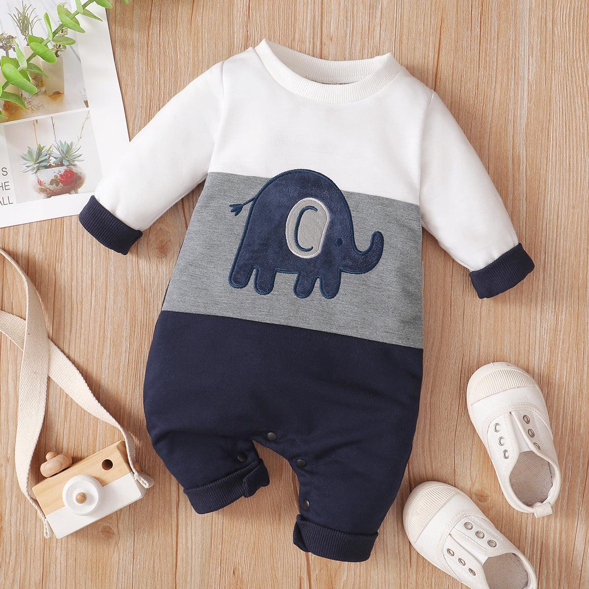 Baby Boys Solid Elephant Print Color Blocking Knitted Jumpsuit