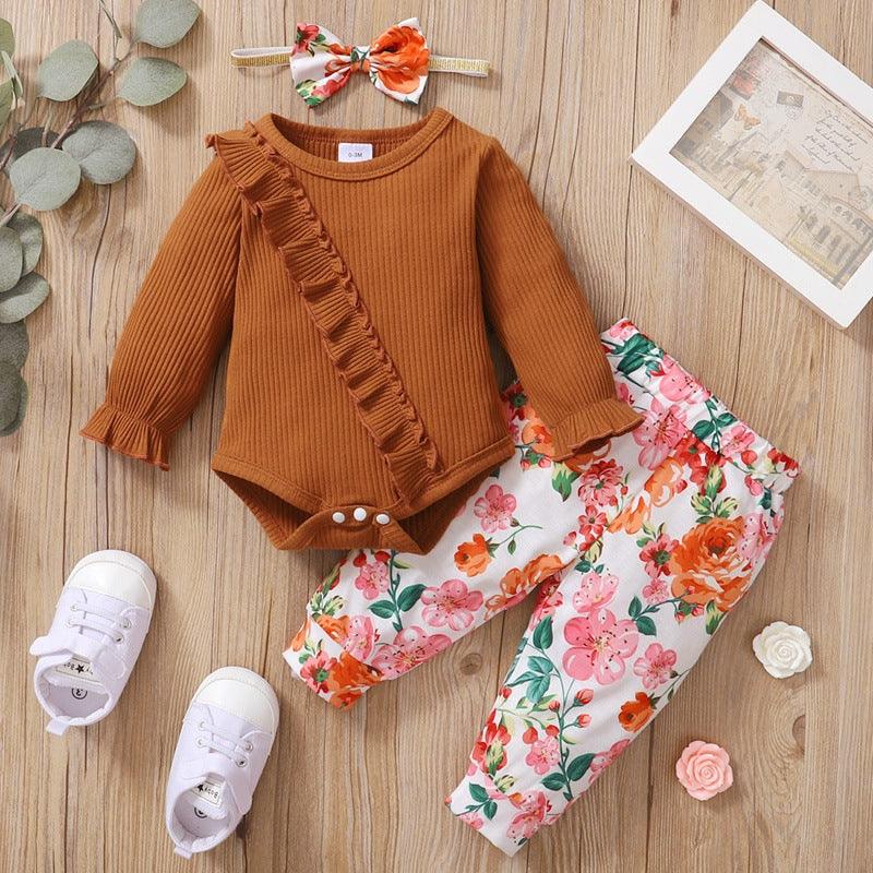 Baby Girls Brown Ruffled Long Sleeved Jumpsuit Flower Printed Pants Hair Band Set