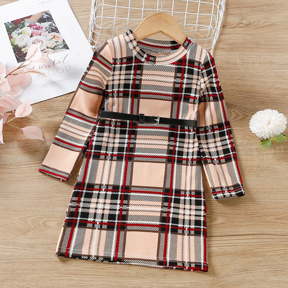 Autumn  Children Girls Plaid Long Sleeve Dress with Belt