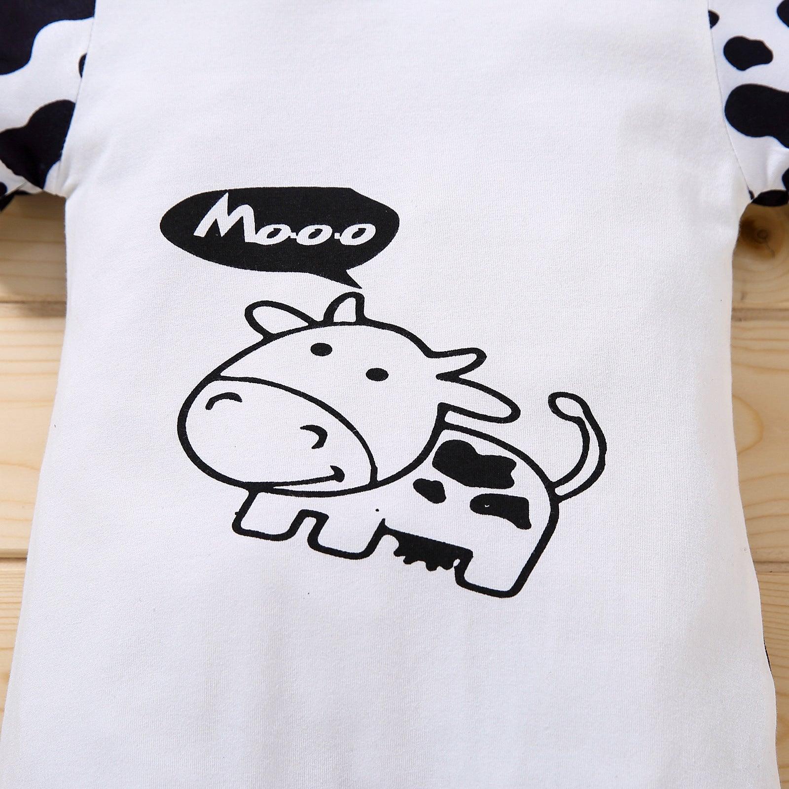 Baby Boys Girls Cartoon Cow Print Hooded Short Sleeve Jumpsuit