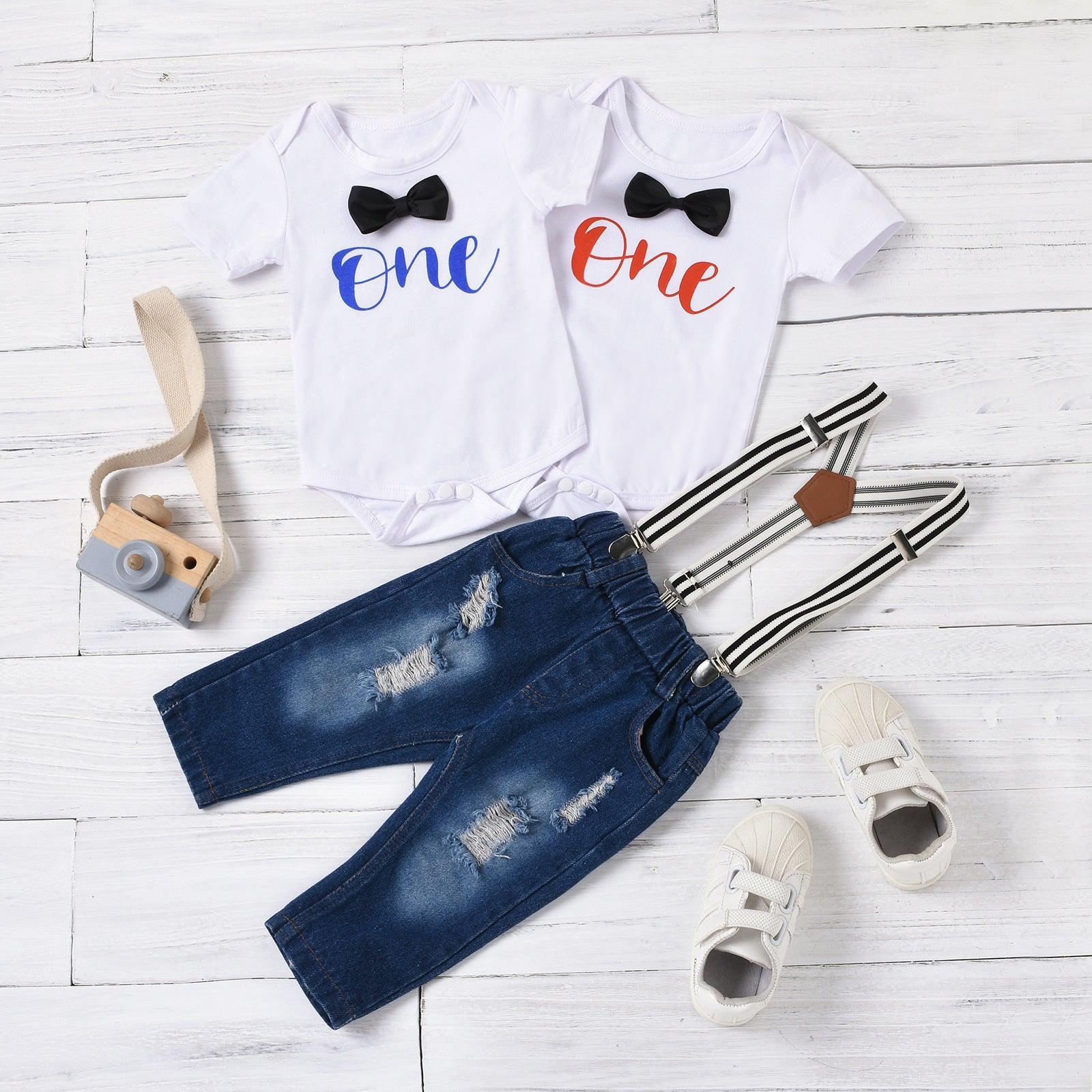 Baby Boys Solid Letter Print Bow Tie Short Sleeve T-shirt Strap Denim Pants Set