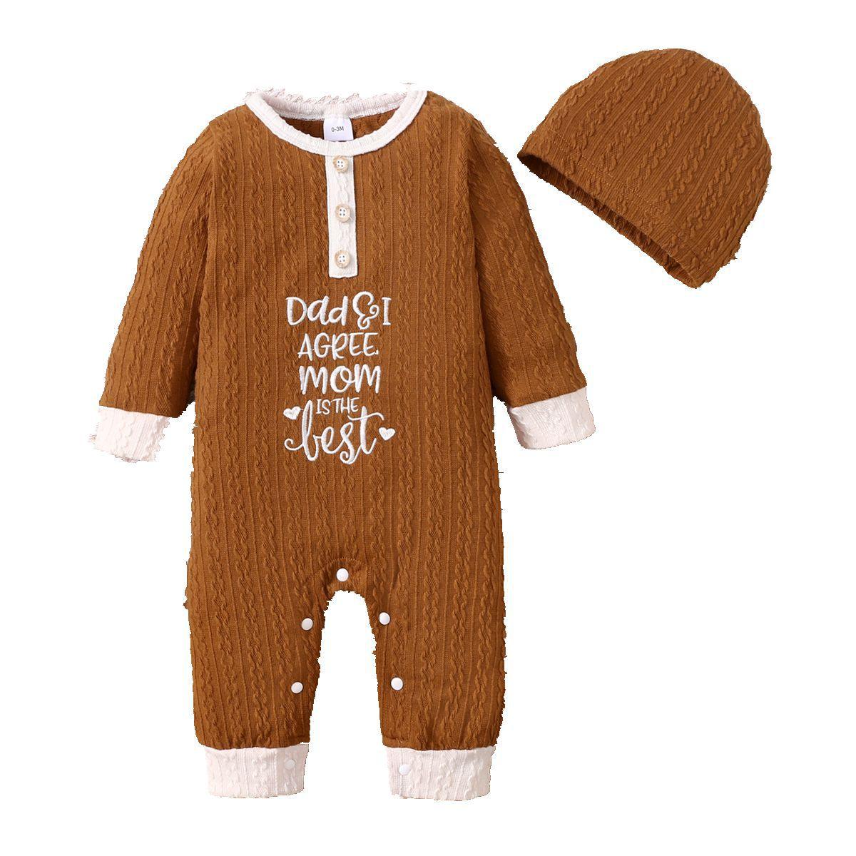 Baby Boys Girls Solid Letter Embroidered Long Sleeve Jumpsuit