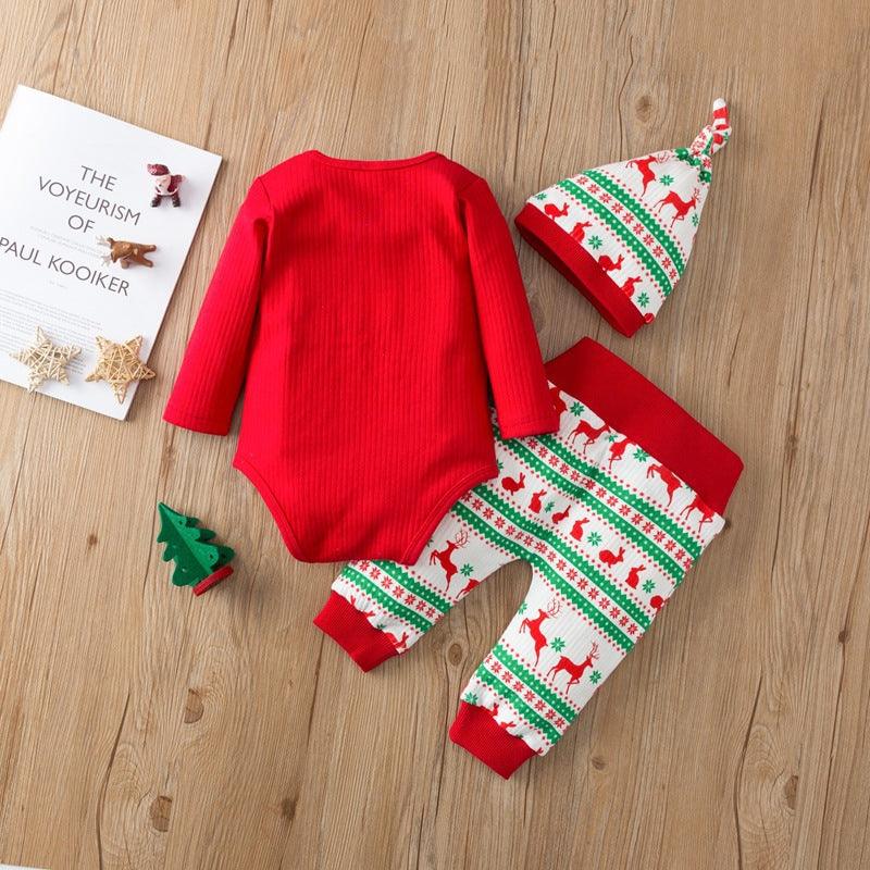 Baby Christmas Suit Long Sleeve Jumpsuit Long Pants Hat Three Piece Set