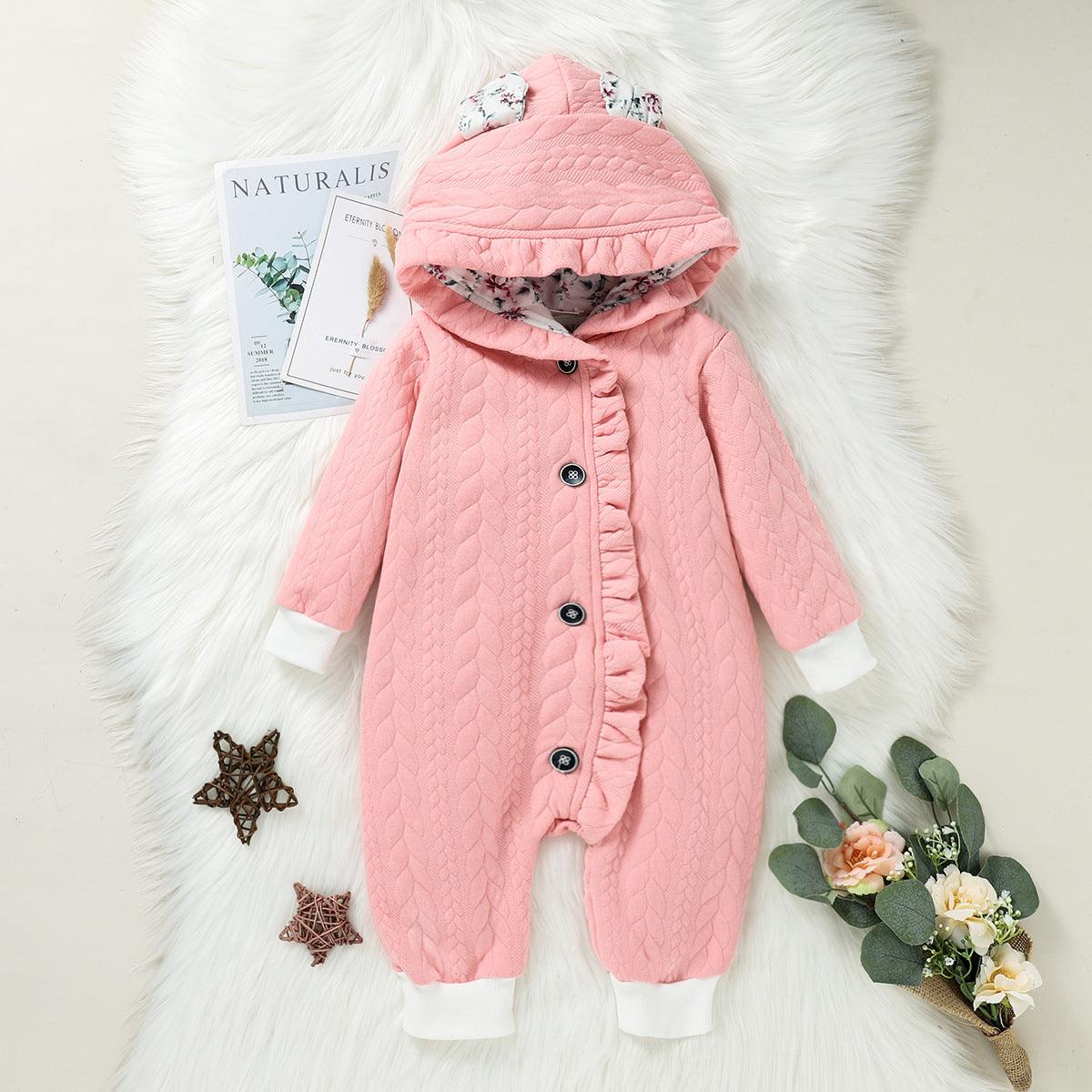 Baby Girl Solid Color Cartoon Rabbit Long Sleeve Hooded Jumpsuit